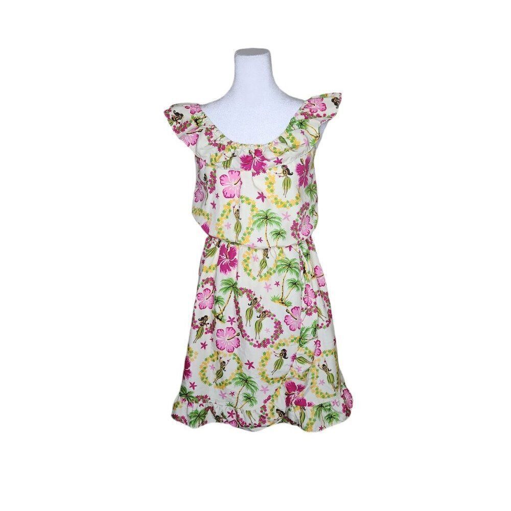 Koko Keiki Hawaiian Dress Ruffle Girls Size 14 White Pink